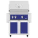 Freestanding gas grill with dark blue control panel and matching cabinet doors