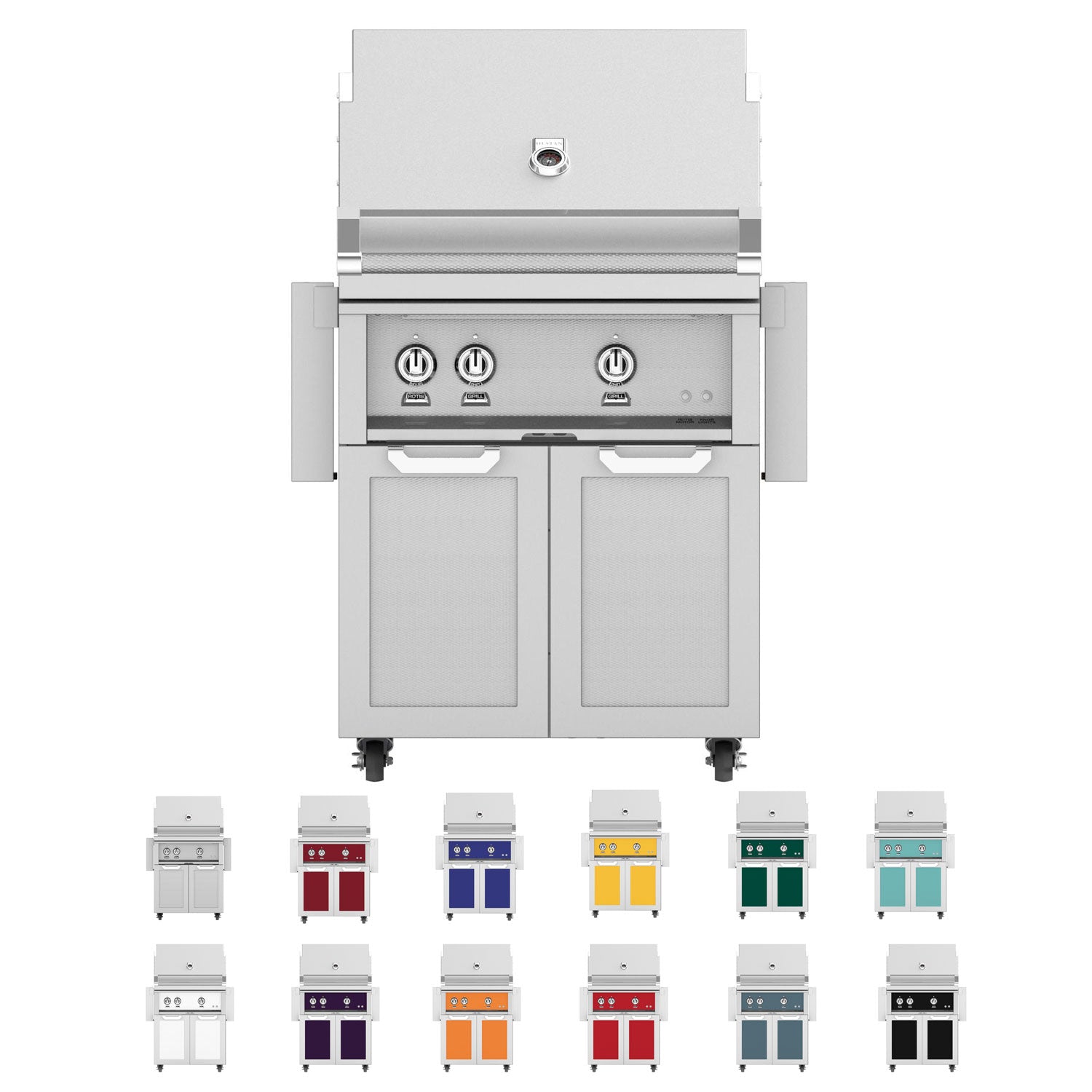 Freestanding gas grill with stainless steel front, three burner knobs, and two cabinet doors.