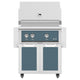 Freestanding gas grill with blue control panel and matching cabinet doors