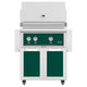 Freestanding gas grill with green control panel and matching cabinet doors