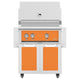 Freestanding gas grill with orange control panel, orange cabinet doors, and stainless body.