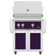 Freestanding gas grill with purple control panel and matching cabinet doors