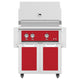 Freestanding gas grill with red control panel and matching cabinet doors