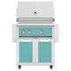 Freestanding gas grill with teal control panel, teal cabinet doors, and stainless body.
