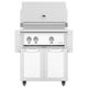Freestanding gas grill with white cabinet doors, stainless control panel with three knobs.