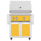 Freestanding gas grill with yellow control panel and matching cabinet doors