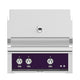 Built-in gas grill with gray body and purple control panel, three burner knobs, gauge.