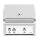 Built-in 30-inch gas grill front view with stainless control area and three knobs