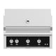 Built-in gas grill with black front control panel, four burner knobs and control lights