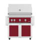 Freestanding 36-inch gas grill with burgundy control panel and matching burgundy side doors.