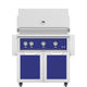 Freestanding 36-inch gas grill with blue control panel and matching blue side doors.
