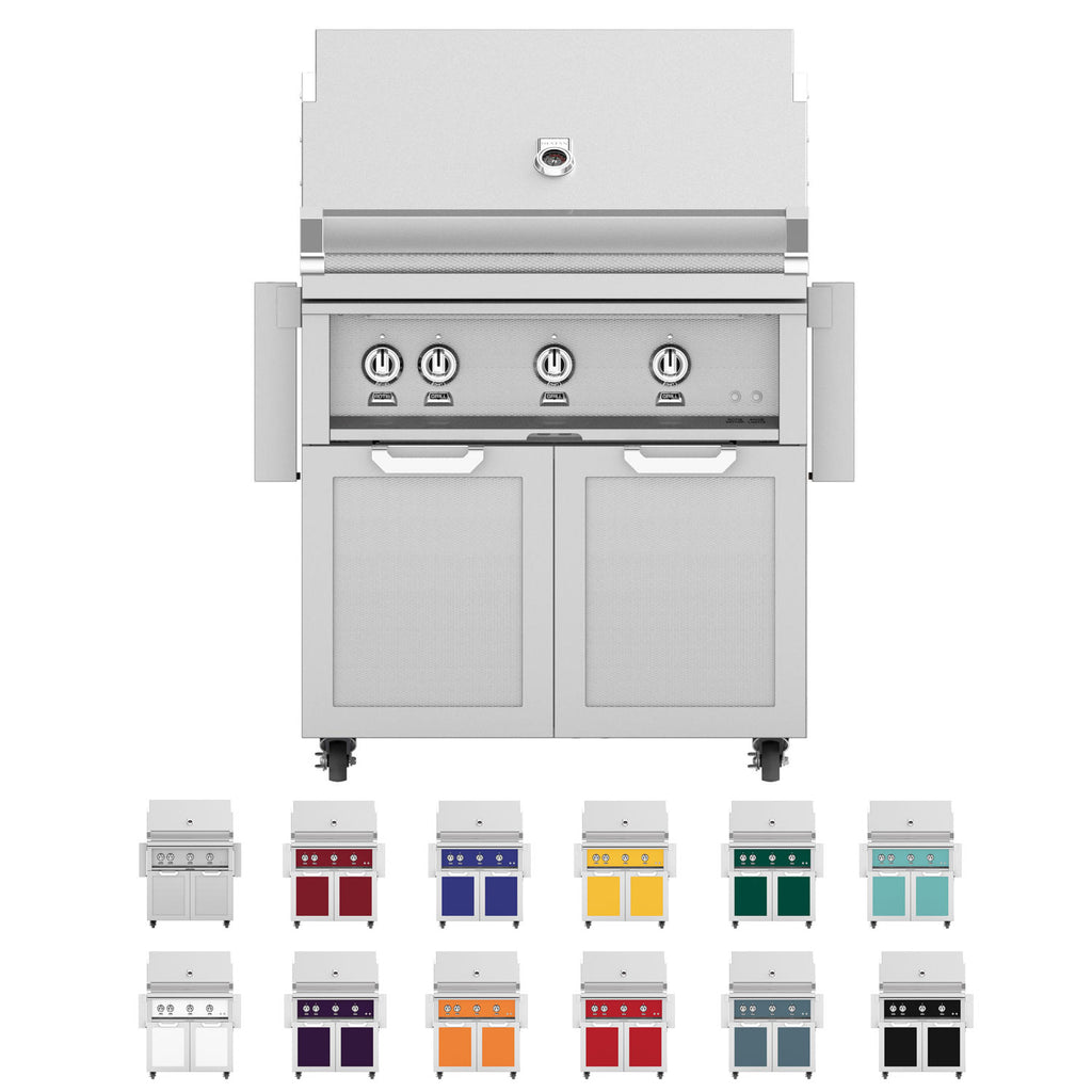 36-inch freestanding stainless gas grill with control knobs and two cabinet doors