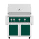 Freestanding 36-inch gas grill with green control panel and matching green side doors.