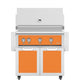 Freestanding stainless gas grill with orange control panel and two orange cabinet doors