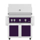 Freestanding 36-inch gas grill with purple control panel and matching purple side doors.