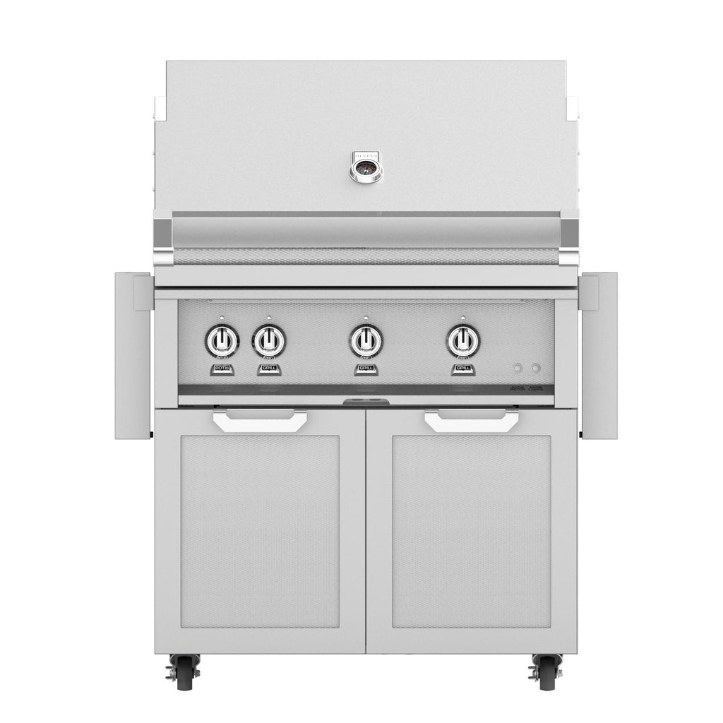36-inch freestanding stainless gas grill front view with control panel and two cabinet doors