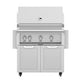 36-inch freestanding stainless gas grill front view with control panel and two cabinet doors