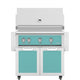 Freestanding stainless gas grill with turquoise control panel and two turquoise cabinet doors