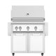 Freestanding stainless gas grill with white control panel and two white cabinet doors