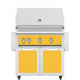 Freestanding 36-inch gas grill with yellow control panel and matching yellow side doors.