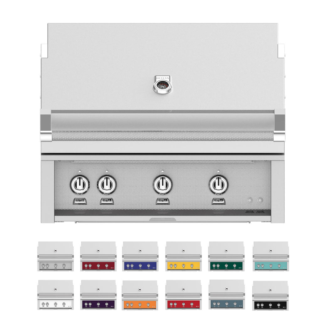 Built-in gas grill front panel with four burner knobs and perforated control area