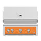 Built-in gas grill front with four burner knobs on orange control panel