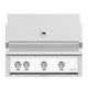 Built-in gas grill with stainless front panel, four burner knobs and control lights
