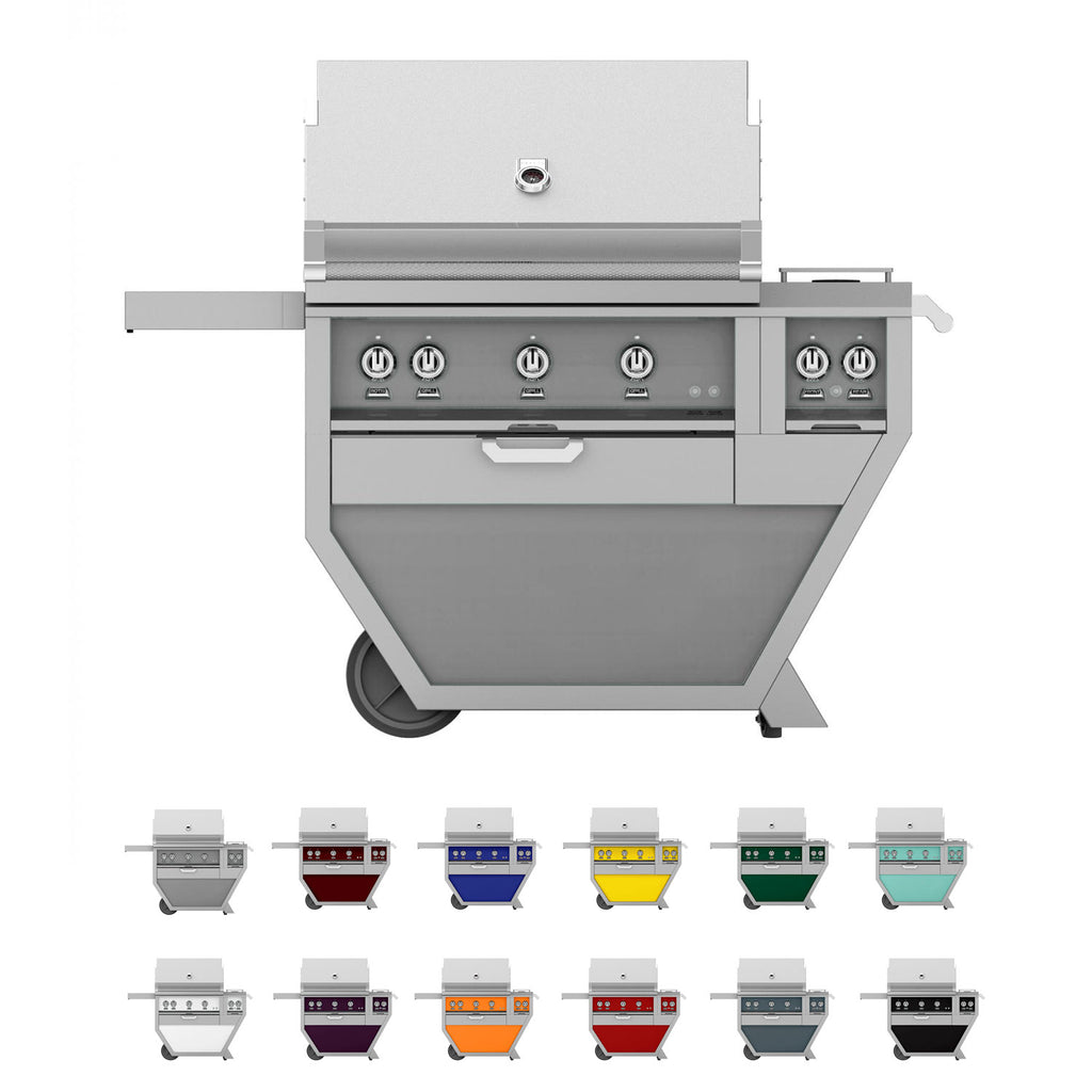 Freestanding gas grill with stainless body, front control panel, side shelves and lid