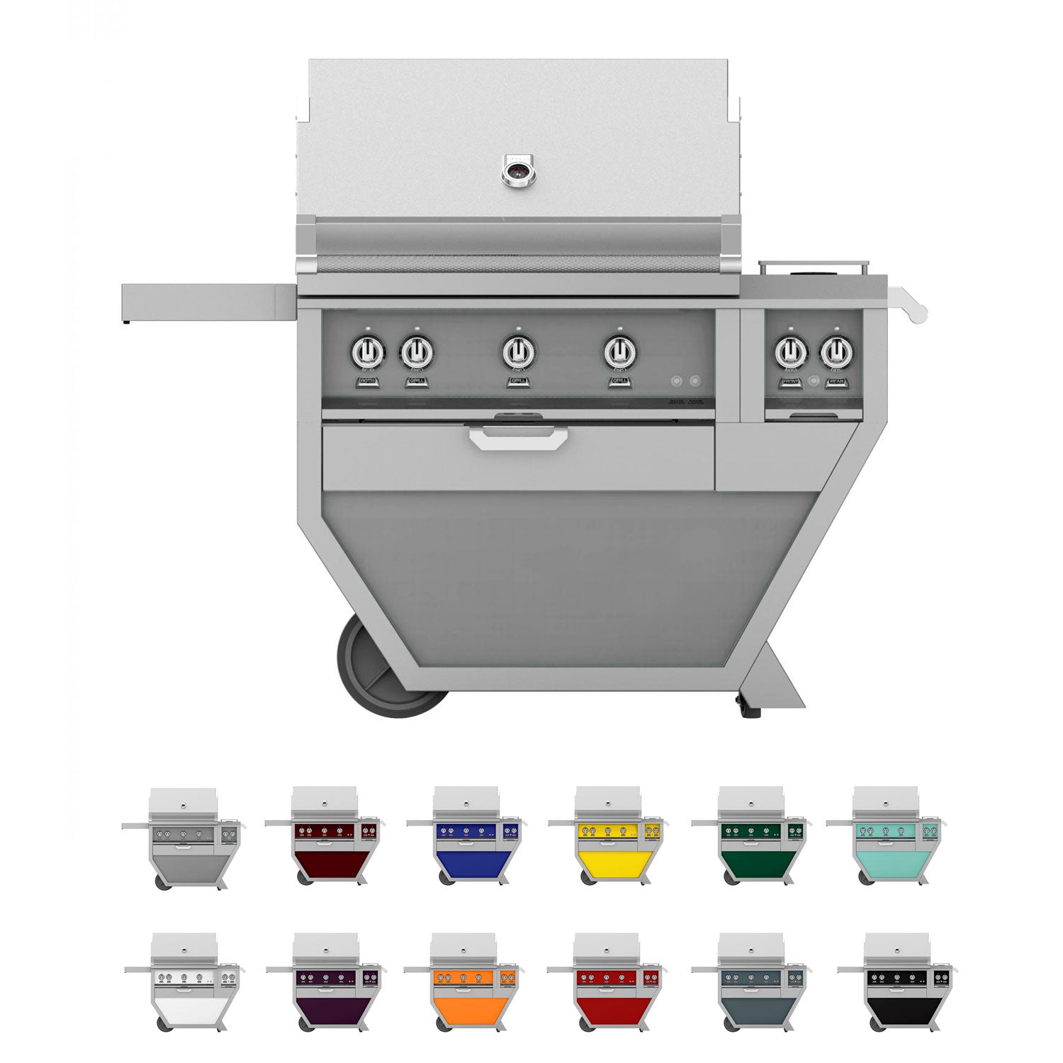 Freestanding gas grill with stainless body, front control panel, side shelves and lid