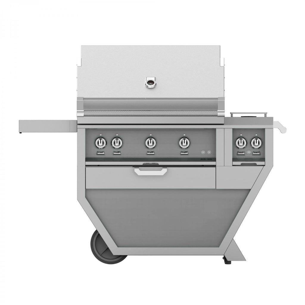 Freestanding 36-inch gas grill in stainless with front burner knobs and side shelf