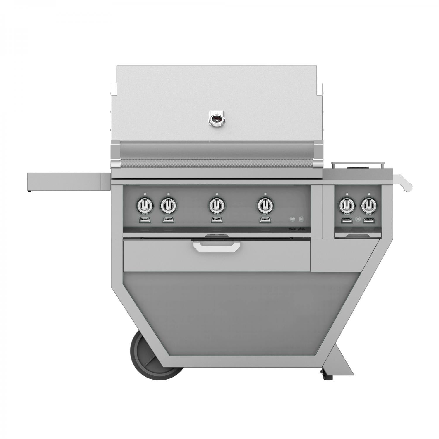 Freestanding 36-inch gas grill in stainless with front burner knobs and side shelf