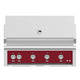 Stainless built-in gas grill with red control panel and four knobs