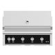 Stainless built-in gas grill with black control panel and four knobs