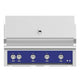Built-in gas grill with navy control panel and four knob burners