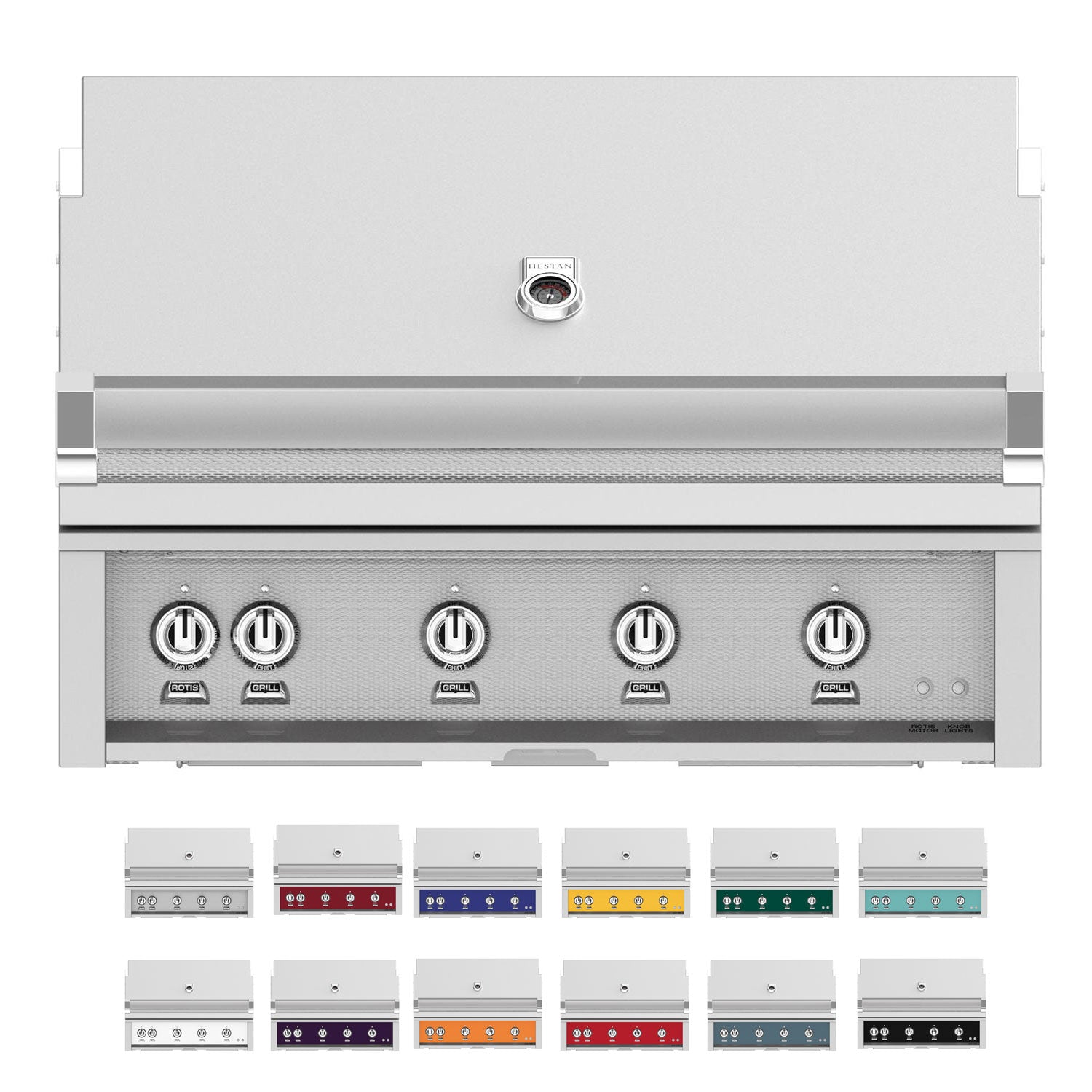 Stainless built-in gas grill front panel with burner controls and central dial