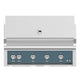 Built-in gas grill with blue control panel and four knob burners