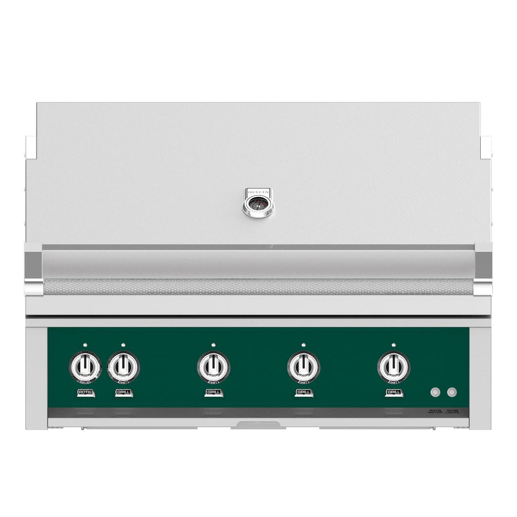 Built-in gas grill with dark green control panel and four knob burners