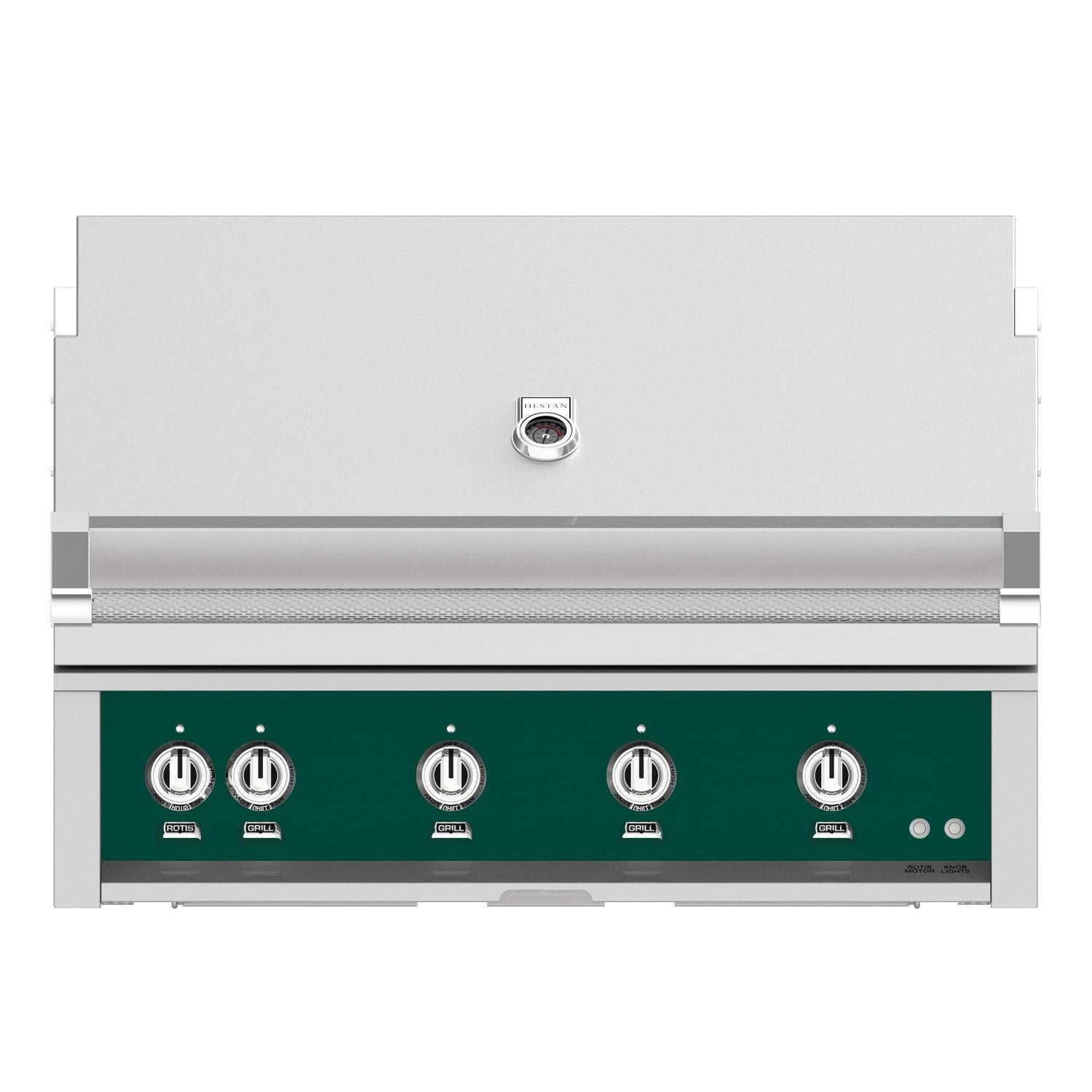 Built-in gas grill with dark green control panel and four knob burners