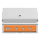 Built-in gas grill with orange control panel and four knob burners