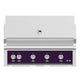 Built-in gas grill with purple control panel and four knob burners