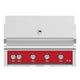 Built-in gas grill with red control panel and four knob burners