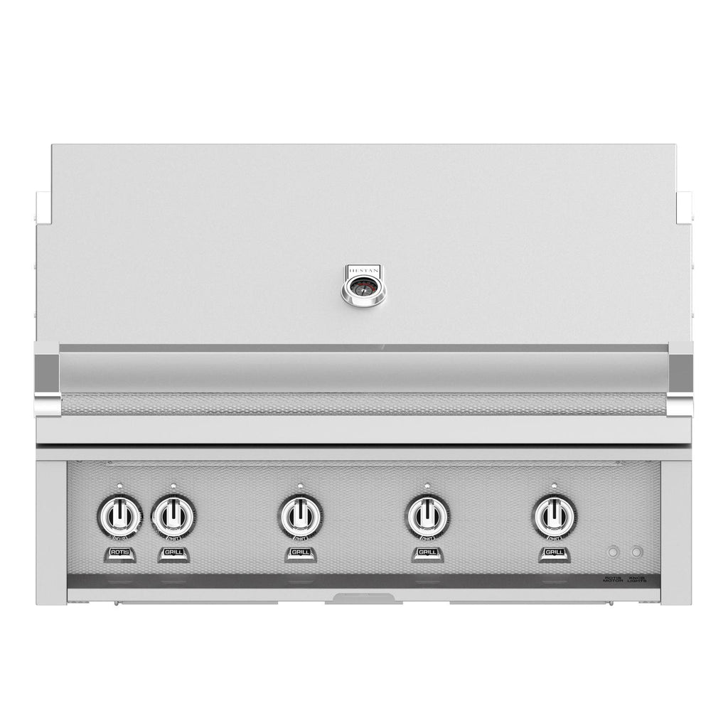 Built-in gas grill with stainless steel control panel and four knob burners