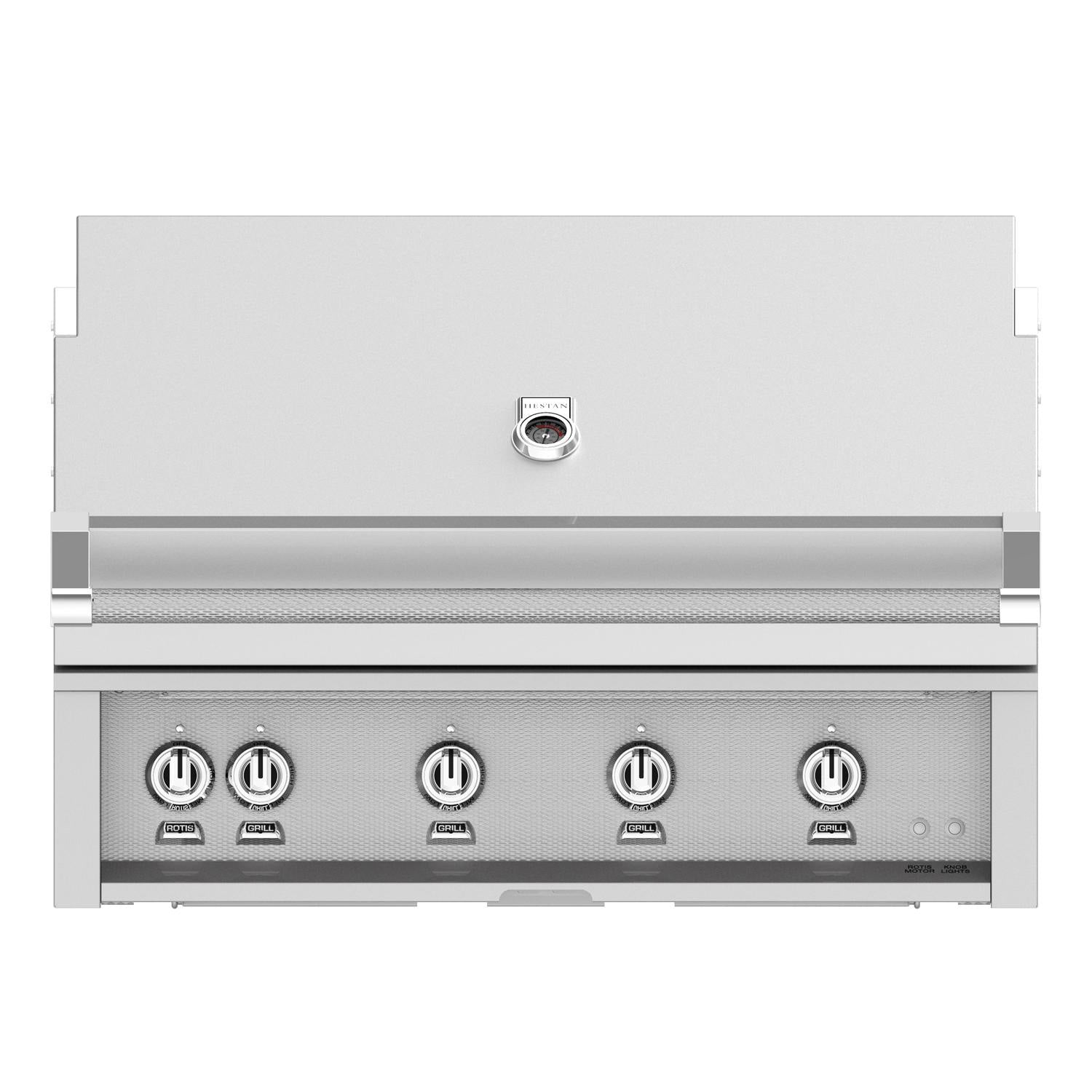 Built-in gas grill with stainless steel control panel and four knob burners