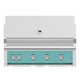 Built-in gas grill with teal control panel and four knob burners