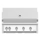 Built-in gas grill with white control panel and four knob burners
