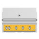 Built-in gas grill with yellow control panel and four knob burners