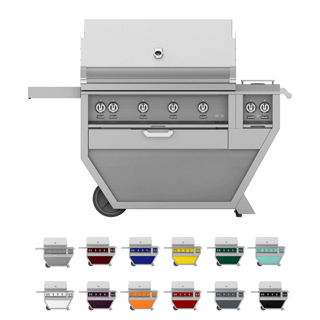 Stainless steel freestanding gas grill with control knobs and side shelf, front view