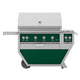 Freestanding gas grill with green control panel, stainless steel body, side shelf