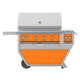 Freestanding gas grill with orange control panel, stainless steel body, side shelf