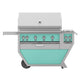 Stainless steel freestanding gas grill with control knobs and teal-tinted control panel, front view